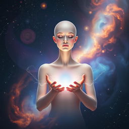 A serene ethereal goddess with a bald head and a calm expression, floating gracefully in the midst of a vibrant and starry space