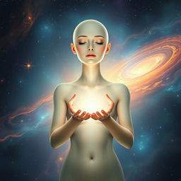 A serene ethereal goddess with a bald head and a calm expression, floating gracefully in the midst of a vibrant and starry space