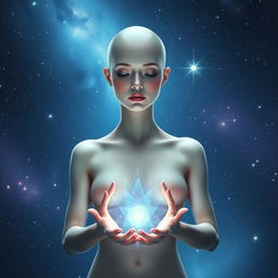 An ethereal goddess with a serene and calm expression, showcasing a graceful bald head