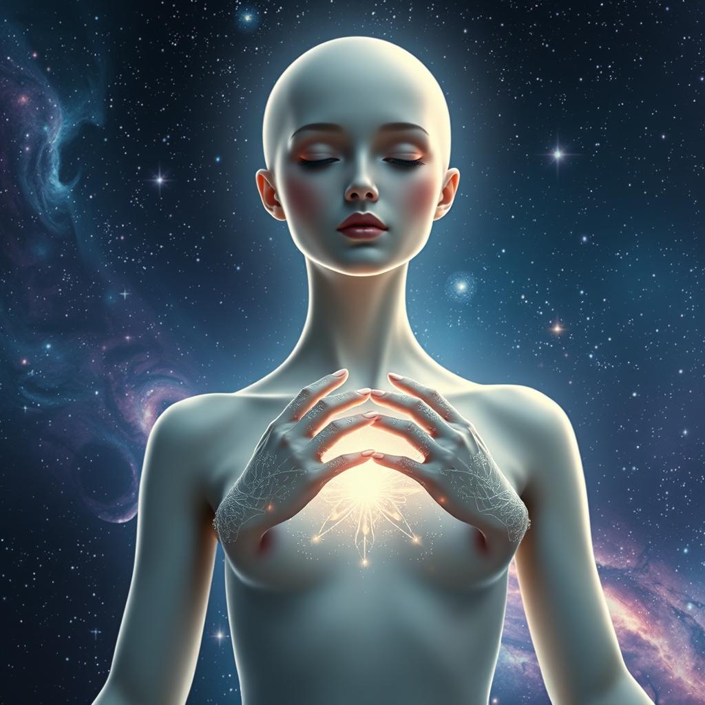 An ethereal goddess with a serene and calm expression, showcasing a graceful bald head