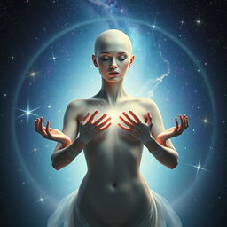 An ethereal goddess with a serene and calm expression, showcasing a graceful bald head