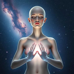An ethereal goddess with a serene and calm expression, showcasing a graceful bald head
