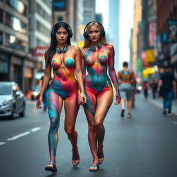 On a busy city street, in the distance, two beautiful girls are walking toward the viewer, each featuring narrow waists, very wide thick round hips, fat thick round thighs, and thick shapely legs