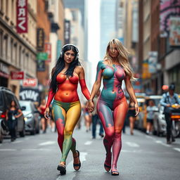 On a busy city street, in the distance, two beautiful girls are walking toward the viewer, each featuring narrow waists, very wide thick round hips, fat thick round thighs, and thick shapely legs