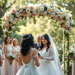 A beautiful scene depicting a wedding ceremony featuring a dark-haired bride in an elegant white gown, exchanging vows with her partner under a floral arch adorned with roses and peonies