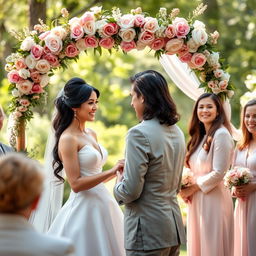A beautiful scene depicting a wedding ceremony featuring a dark-haired bride in an elegant white gown, exchanging vows with her partner under a floral arch adorned with roses and peonies