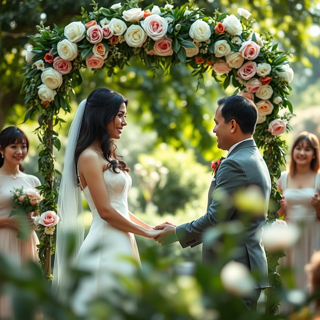 A beautiful scene depicting a wedding ceremony featuring a dark-haired bride in an elegant white gown, exchanging vows with her partner under a floral arch adorned with roses and peonies