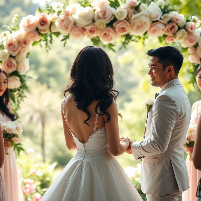 A beautiful scene depicting a wedding ceremony featuring a dark-haired bride in an elegant white gown, exchanging vows with her partner under a floral arch adorned with roses and peonies