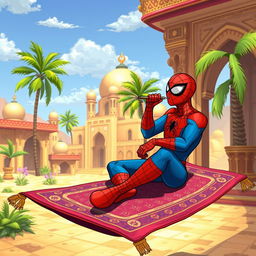 A whimsical scene of Spider-Man sitting on a magic carpet, relaxed and smoking from a hookah