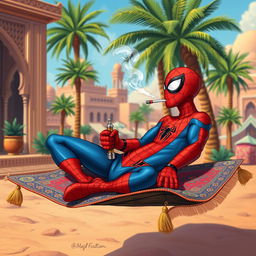 A whimsical scene of Spider-Man sitting on a magic carpet, relaxed and smoking from a hookah