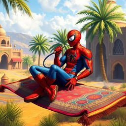 A whimsical scene of Spider-Man sitting on a magic carpet, relaxed and smoking from a hookah