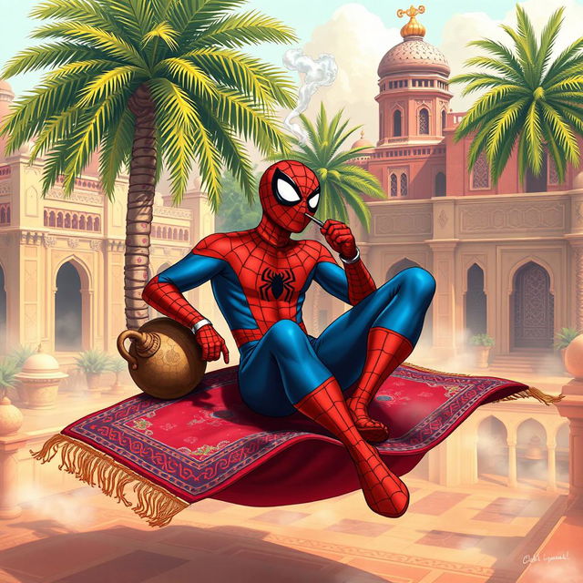 A whimsical scene of Spider-Man sitting on a magic carpet, relaxed and smoking from a hookah