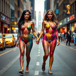 On a busy city street, in the distance, two stunningly beautiful girls are walking toward the viewer, each showcasing narrow waists, very wide thick round hips, fat thick round thighs, and thick shapely legs