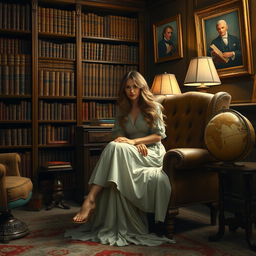 A classic painting style scene featuring a woman sitting elegantly in a traditional study, her posture relaxed yet poised