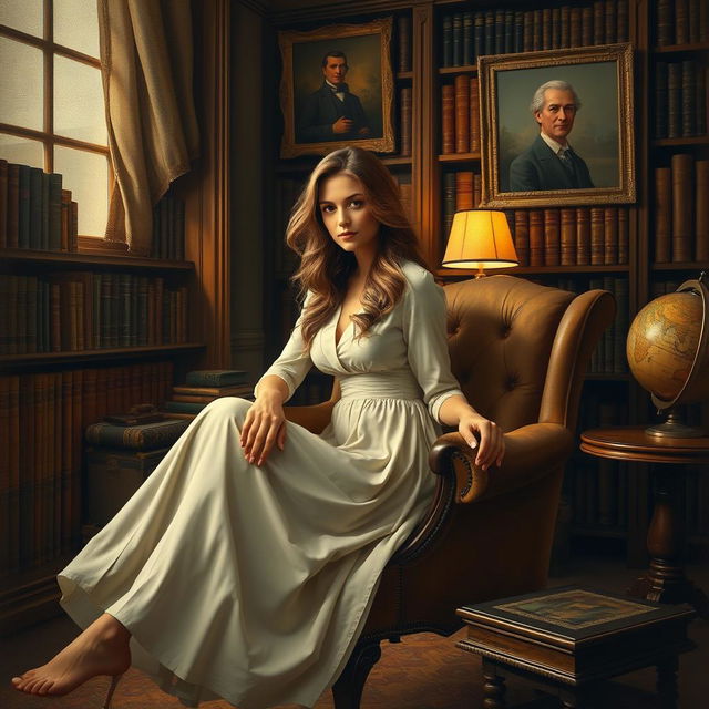 A classic painting style scene featuring a woman sitting elegantly in a traditional study, her posture relaxed yet poised