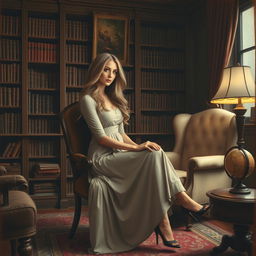 A classic painting style scene featuring a woman sitting elegantly in a traditional study, her posture relaxed yet poised