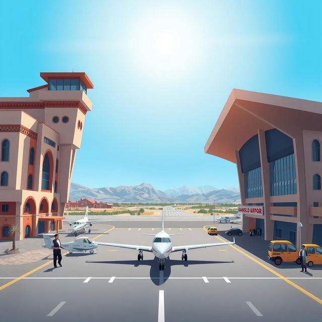 A vibrant and detailed illustration of Qamishlo Airport, showcasing its unique architecture and surroundings