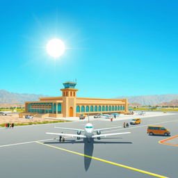A vibrant and detailed illustration of Qamishlo Airport, showcasing its unique architecture and surroundings