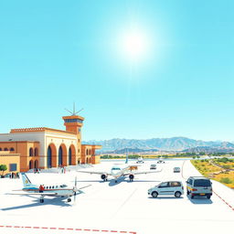 A vibrant and detailed illustration of Qamishlo Airport, showcasing its unique architecture and surroundings