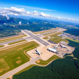 A stunning aerial view of Qamishlo Airport, showcasing the layout of the runways, taxiways, and terminal building