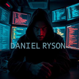 A mysterious hacker sitting in a dimly lit room, illuminated by the glow of multiple computer screens displaying code and digital data