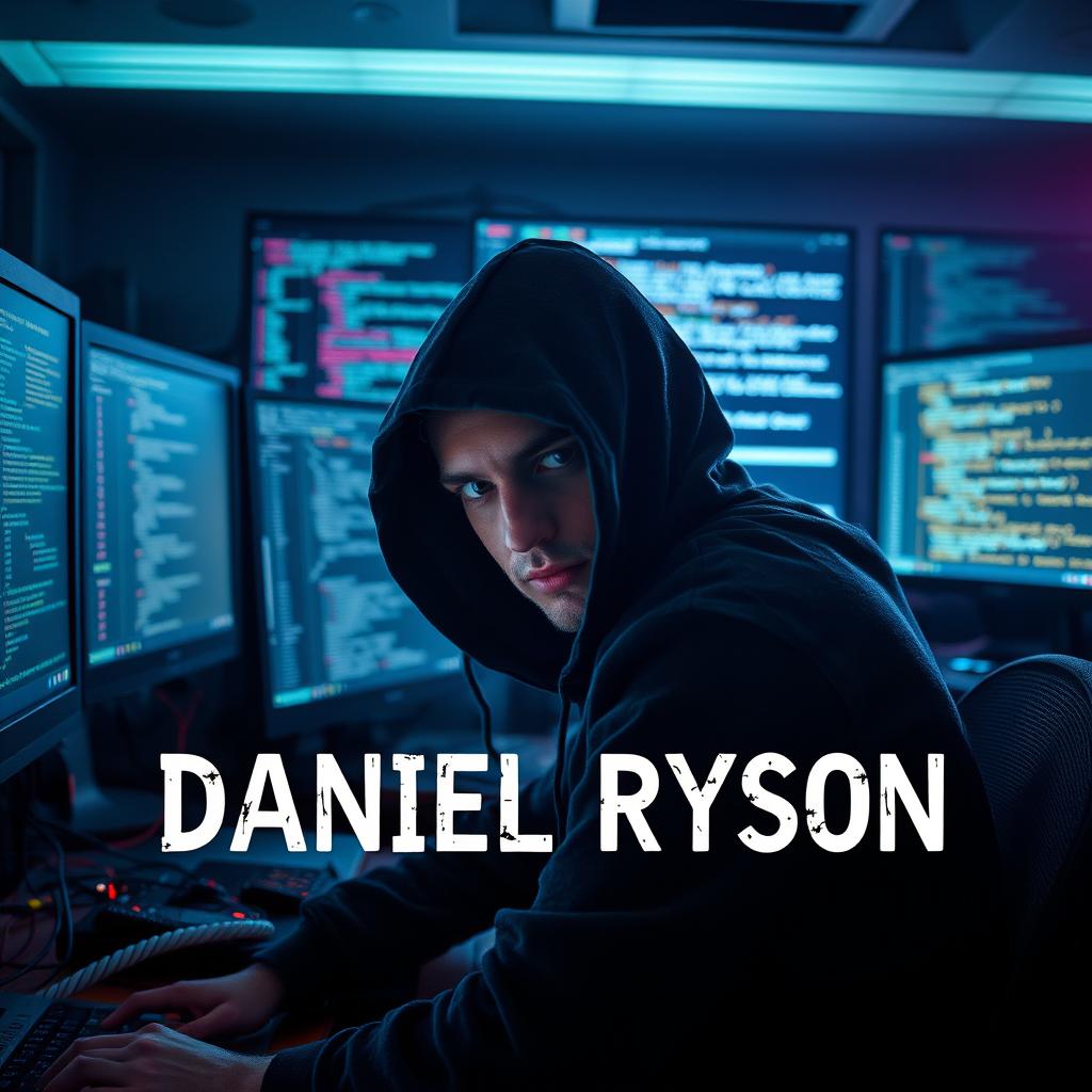A mysterious hacker sitting in a dimly lit room, illuminated by the glow of multiple computer screens displaying code and digital data