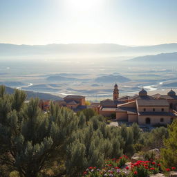 A panoramic view of Rojava, a serene and vibrant landscape showcasing the unique architecture of the region, characterized by traditional Kurdish buildings with intricate details