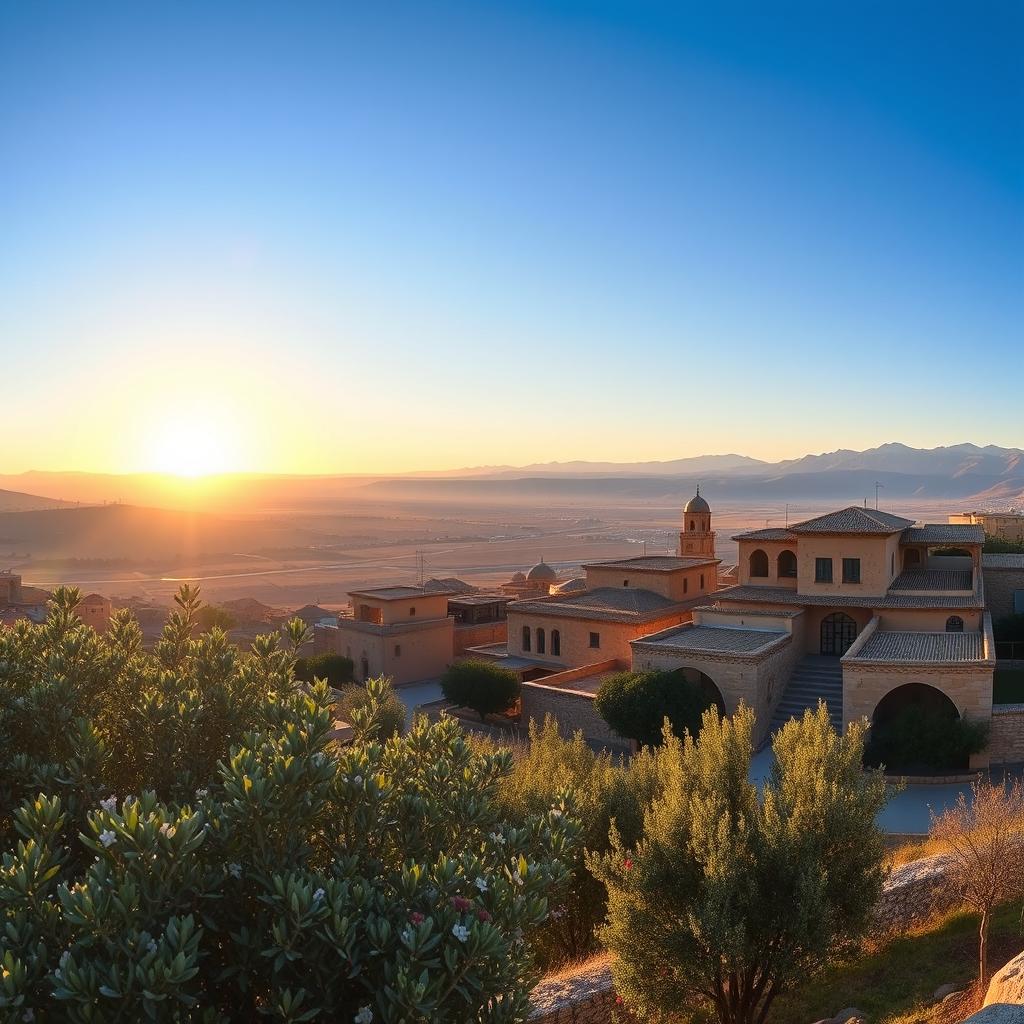 A panoramic view of Rojava, a serene and vibrant landscape showcasing the unique architecture of the region, characterized by traditional Kurdish buildings with intricate details