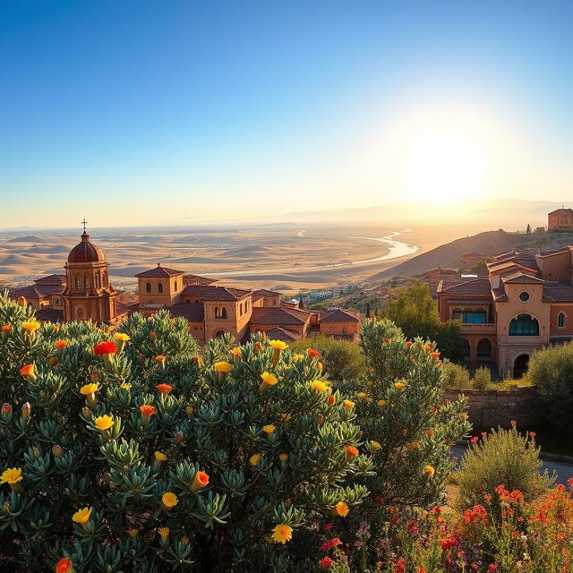 A panoramic view of Rojava, a serene and vibrant landscape showcasing the unique architecture of the region, characterized by traditional Kurdish buildings with intricate details