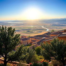 A panoramic view of Rojava, a serene and vibrant landscape showcasing the unique architecture of the region, characterized by traditional Kurdish buildings with intricate details