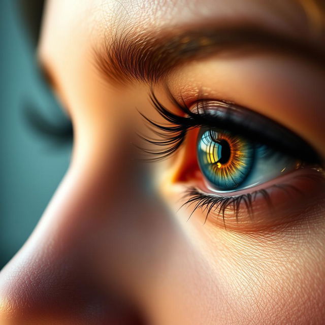 A close-up portrait showcasing a pair of stunningly beautiful eyes, with exceptional detail in their color and texture