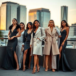 A collection of elegant women showcasing a variety of fashionable outfits in a stylish urban setting