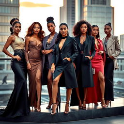 A collection of elegant women showcasing a variety of fashionable outfits in a stylish urban setting