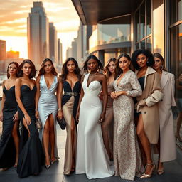 A collection of elegant women showcasing a variety of fashionable outfits in a stylish urban setting