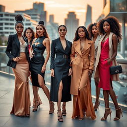 A collection of elegant women showcasing a variety of fashionable outfits in a stylish urban setting