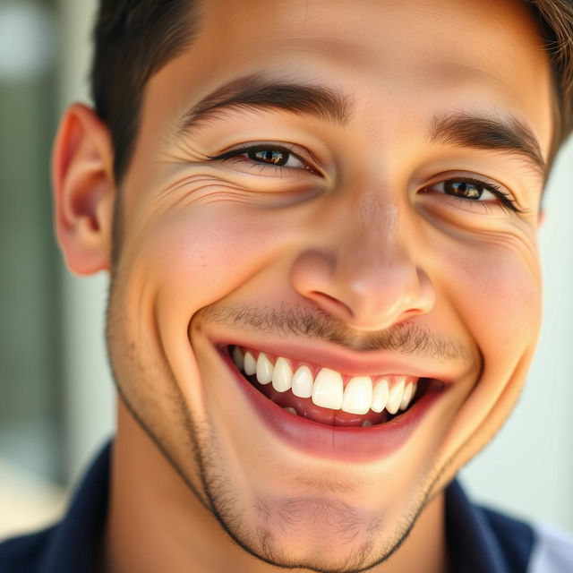 A close-up portrait of a man with a radiant, beautiful smile