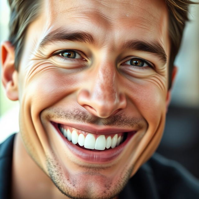 A close-up portrait of a man with a radiant, beautiful smile