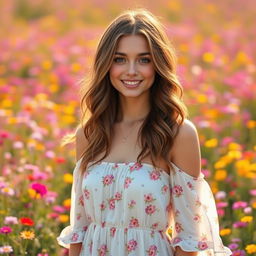 A beautifully edited portrait of a young woman with wavy brown hair cascading over her shoulders, standing in a vibrant flower field