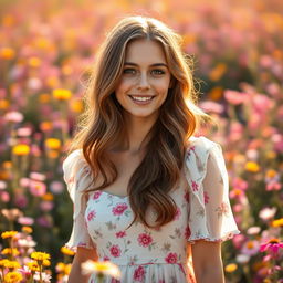 A beautifully edited portrait of a young woman with wavy brown hair cascading over her shoulders, standing in a vibrant flower field