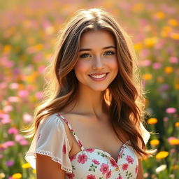 A beautifully edited portrait of a young woman with wavy brown hair cascading over her shoulders, standing in a vibrant flower field