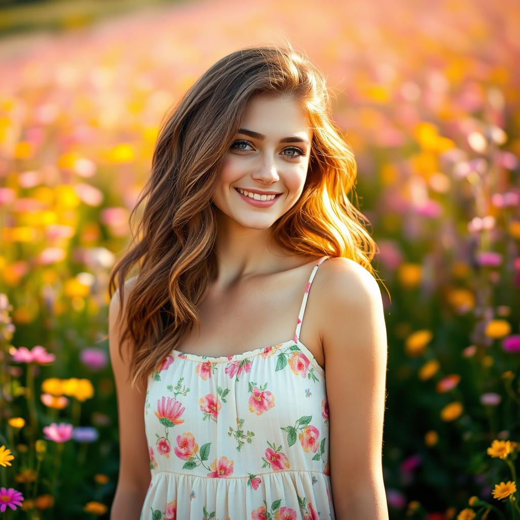 A beautifully edited portrait of a young woman with wavy brown hair cascading over her shoulders, standing in a vibrant flower field