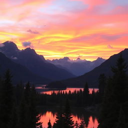 A scenic view of a mountain landscape at sunset, featuring vibrant orange and pink hues in the sky, with towering peaks silhouetted against the horizon