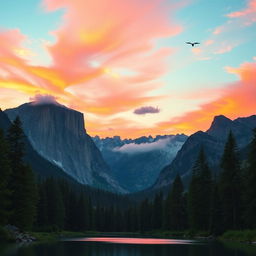 A scenic view of a mountain landscape at sunset, featuring vibrant orange and pink hues in the sky, with towering peaks silhouetted against the horizon