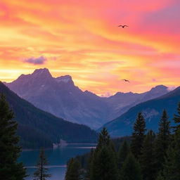 A scenic view of a mountain landscape at sunset, featuring vibrant orange and pink hues in the sky, with towering peaks silhouetted against the horizon