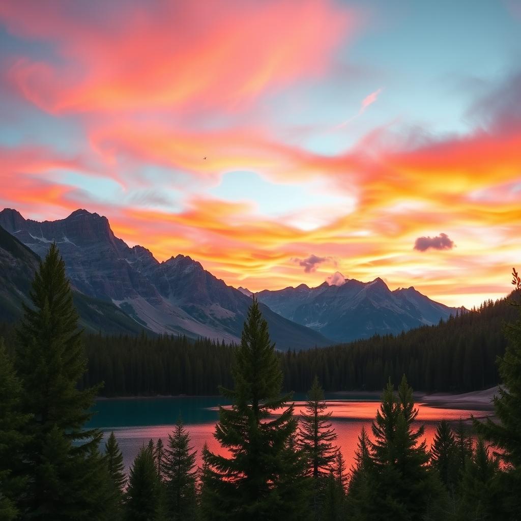 A scenic view of a mountain landscape at sunset, featuring vibrant orange and pink hues in the sky, with towering peaks silhouetted against the horizon