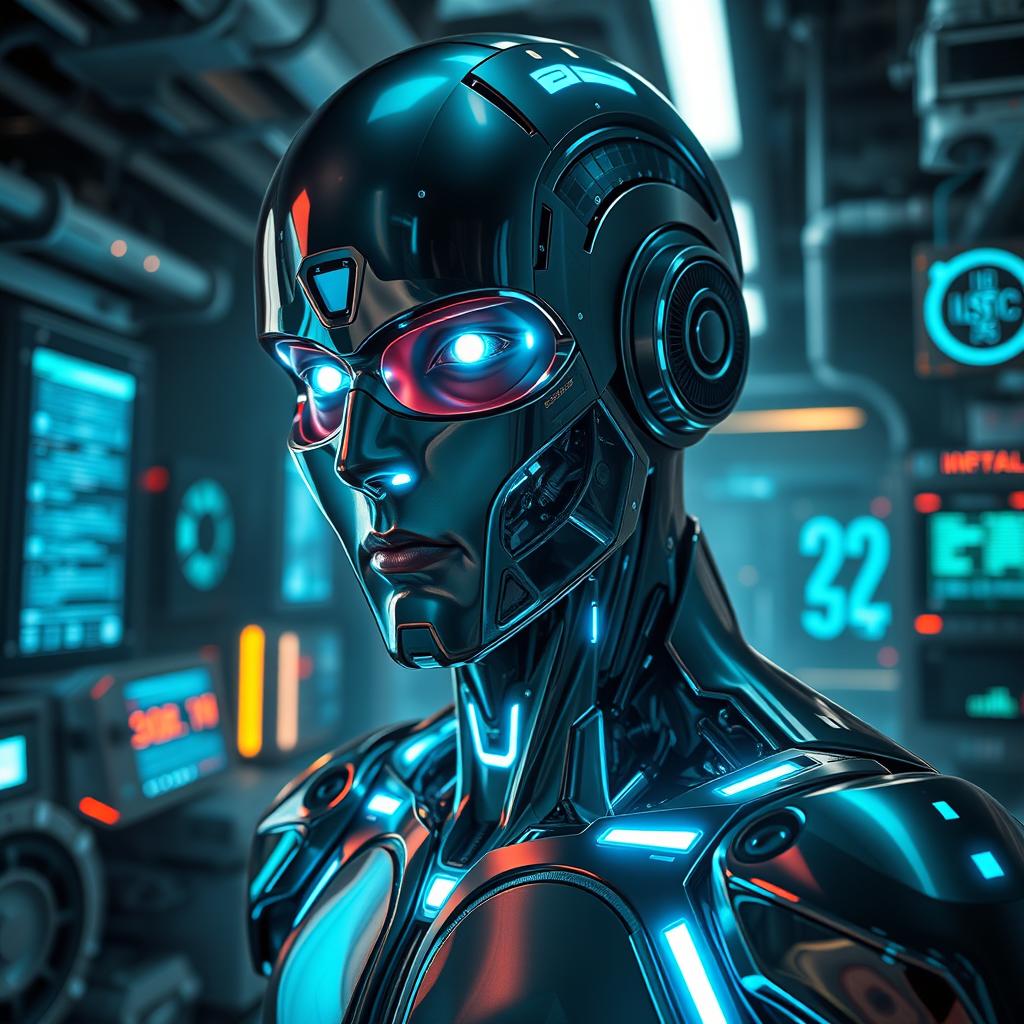 A futuristic cyborg named Jeffery Epsteel, resembling Jeffrey Epstein but distinctly robotic, is depicted in a highly advanced setting