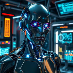 A futuristic cyborg named Jeffery Epsteel, resembling Jeffrey Epstein but distinctly robotic, is depicted in a highly advanced setting