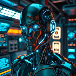 A futuristic cyborg named Jeffery Epsteel, resembling Jeffrey Epstein but distinctly robotic, is depicted in a highly advanced setting