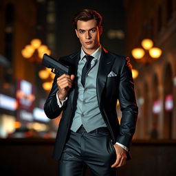 A stylish character standing confidently in a sleek, tailored suit