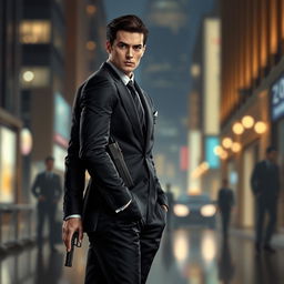 A stylish character standing confidently in a sleek, tailored suit